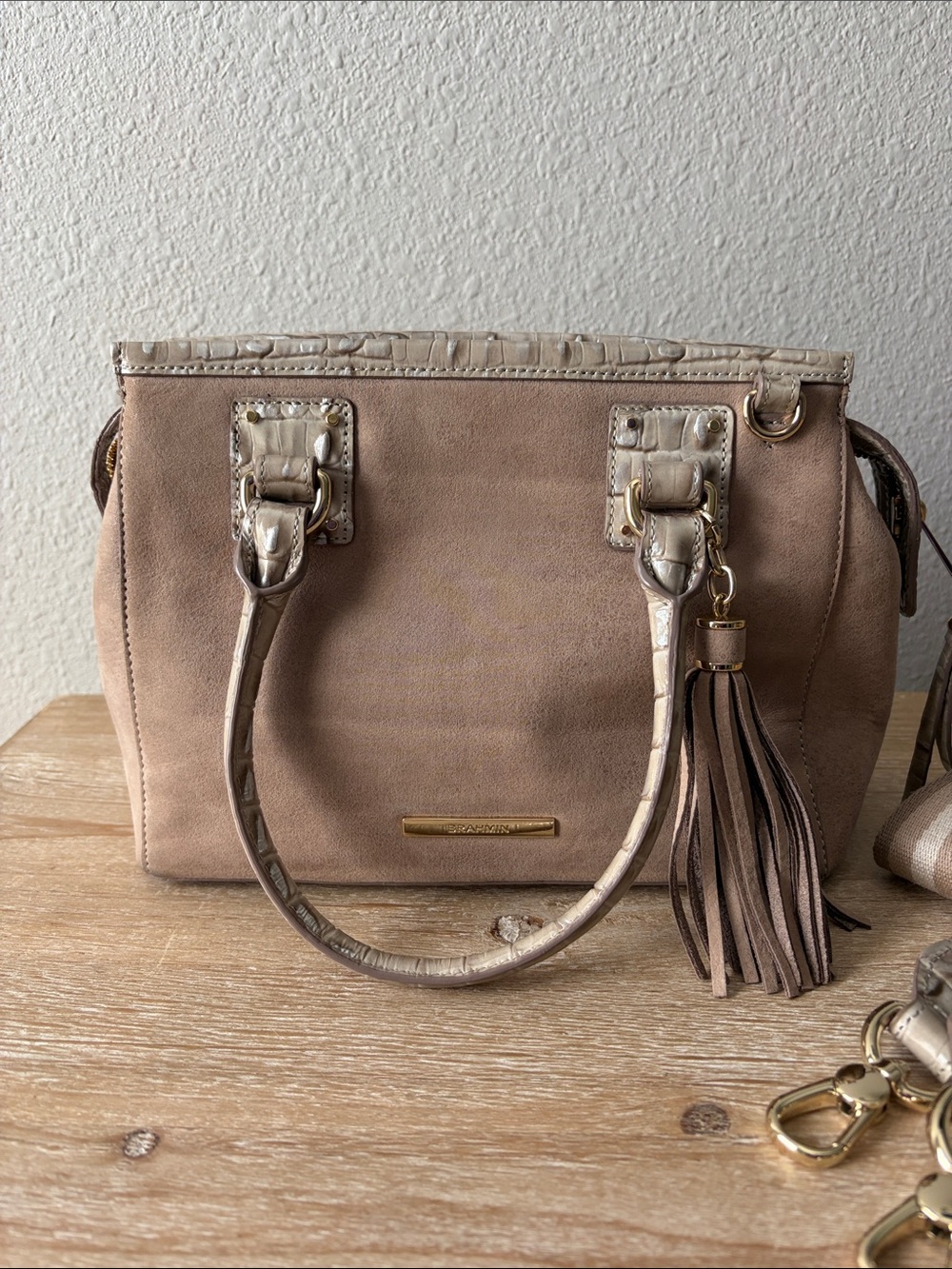 Brahmin Schooner Taupe Mini Satchel with Striped Strap and Tassel